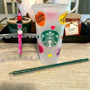 New- Valentine Starbucks Venti Cold Cup with Hand Beaded Pen